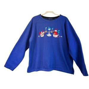 KarenScott Womens XL BlueEmbroidery Snowmans JingleBellsChristmasParty Sweater